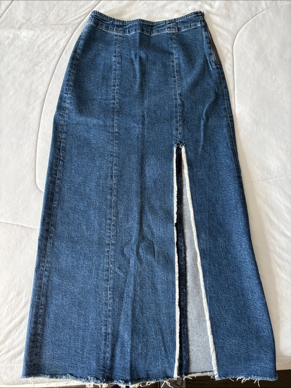 GRLFRND Dark Blue Denim Maxi Skirt with Front Slit